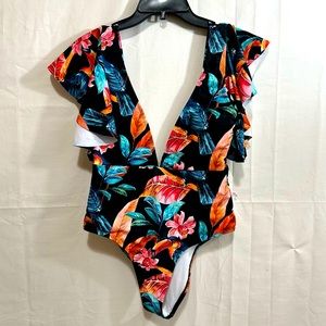 Women’s Deep V-Neck Floral & Toucan One-Piece Swimsuit Size Medium